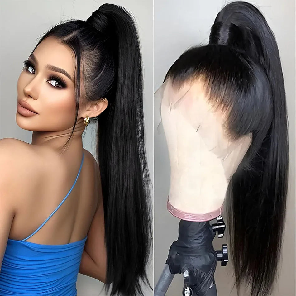 250 Density Upgrade Invisible Drawstring 360 Full Lace Frontal Wig 30 Inch Straight HD Lace Front Wigs Human Hair Natural Black