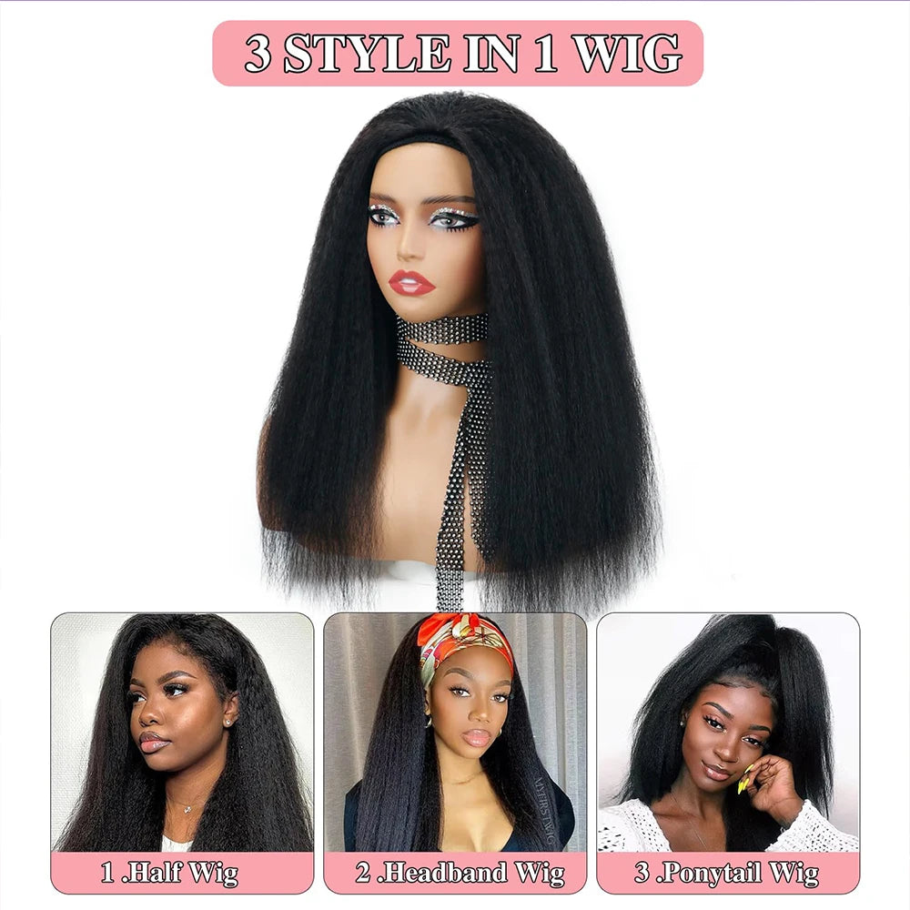 250 Density Kinky Straight Half Wigs Human Hair Wig Human Hair Ready to Wear 3 IN 1 Half Wig Drawstring Yaki Half Wig Human Hair