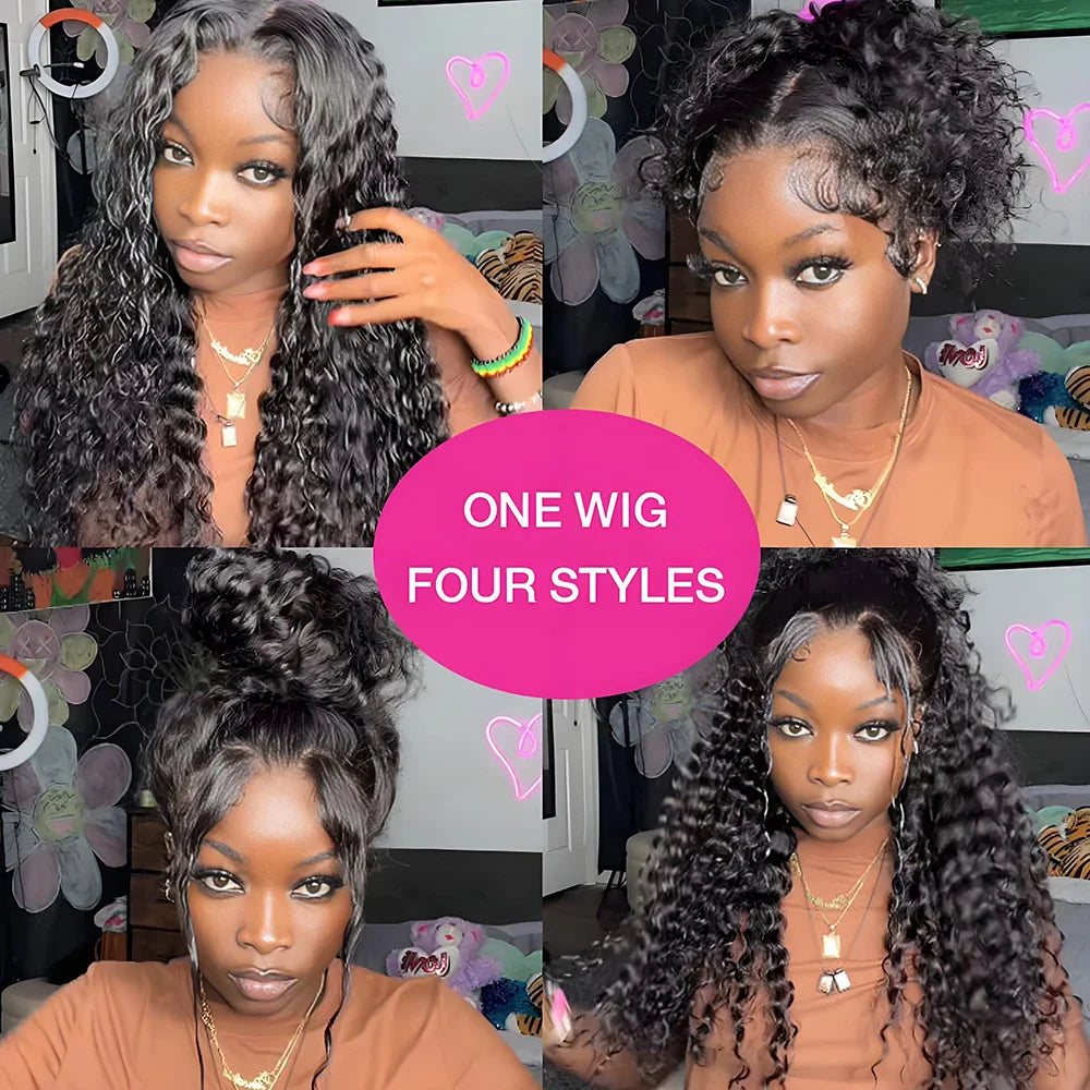 4C Edges Invisible Strap Drawstring Lace Wig Kinky Curly Deep Water 100% Human Hair Wig 30 inch 360 Full Hd Lace Glueless Wig