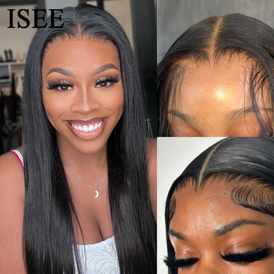 Pre Bleached Knots Bone Straight Human Hair Wigs PrePlucked Transparent Lace Closure Wig ISEE Hair Glueless Wig Wear And Go