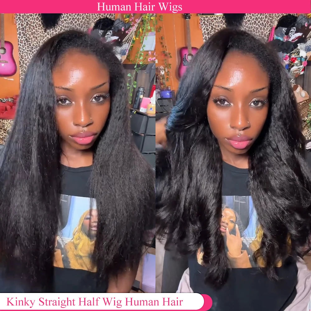 250 Density Kinky Straight Half Wigs Human Hair Wig Human Hair Ready to Wear 3 IN 1 Half Wig Drawstring Yaki Half Wig Human Hair