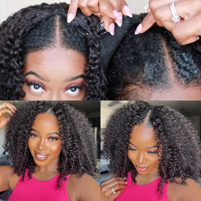 250% Kinky Curly V Part Wig Human Hair No Leave Out Upgrade Deep Wave Curly V Shape Wig No Glue Clip In Half Wig For Women