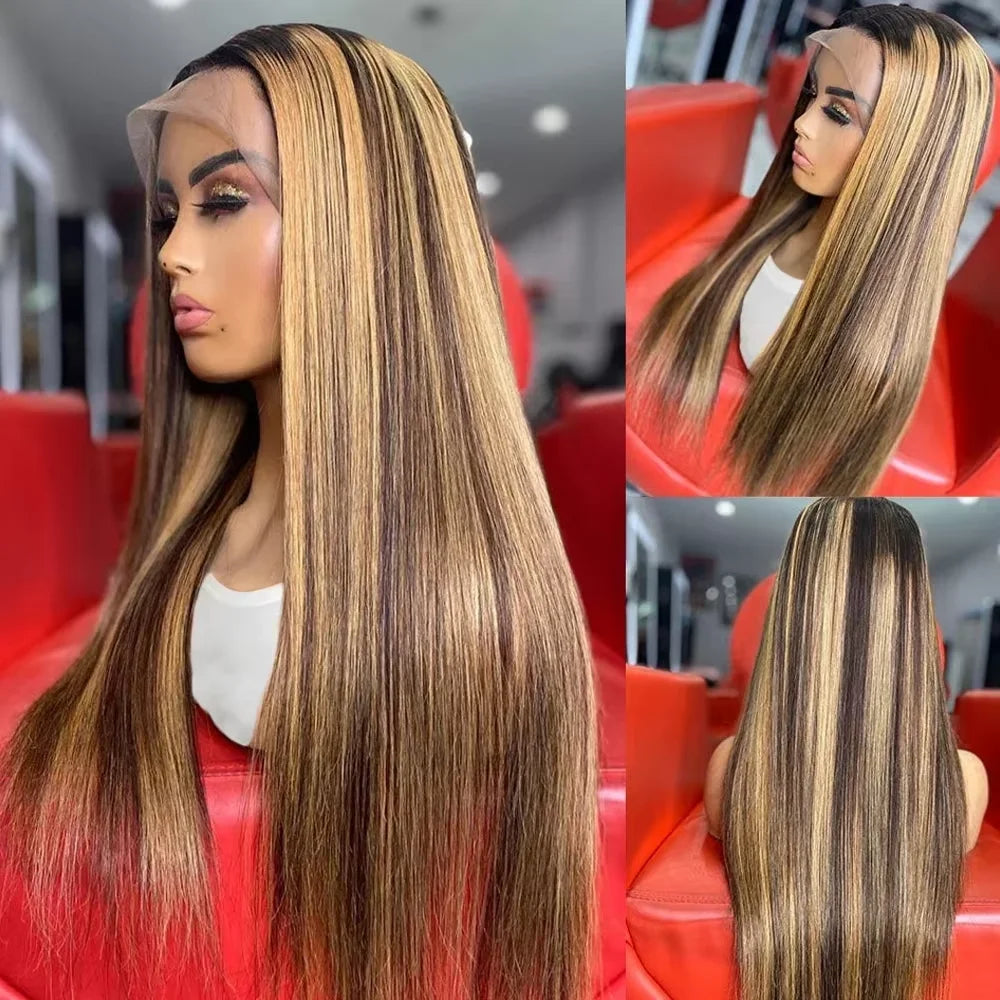 P4/27 Honey Blonde 360 Full HD Lace Frontal Wig 30 Inch Straight Lace Front Wigs Highlight Glueless Wig Human Hair Pre Plucked