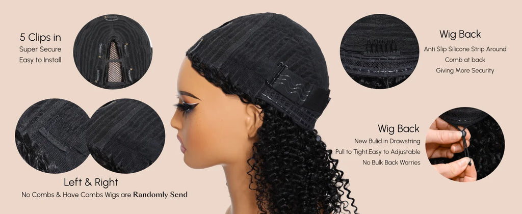 UNice Hair Drawstring Cap Kinky Straight V Part Wig & U Part Wig EasiContour 100% Human Hair Wigs No Glue Small Head Friendly