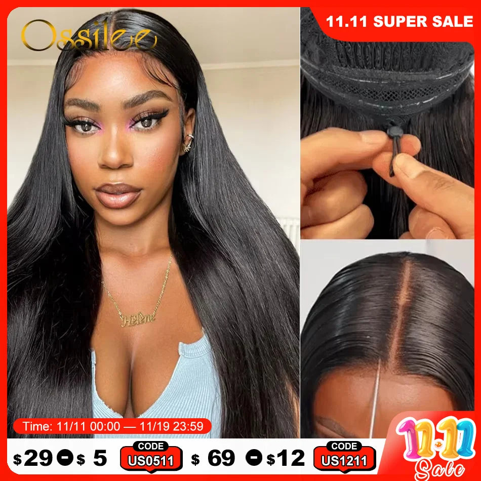 Ossilee 220 Density Pull Go Glueless Wigs with Elastic Drawstring Straight 13x6 HD Lace Front Human Hair Wigs Pre Cut Lace Wig